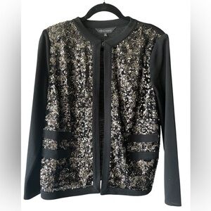 Ming Wang Sequined Black Open Front Cardigan with Clasp Sweater Size Medium